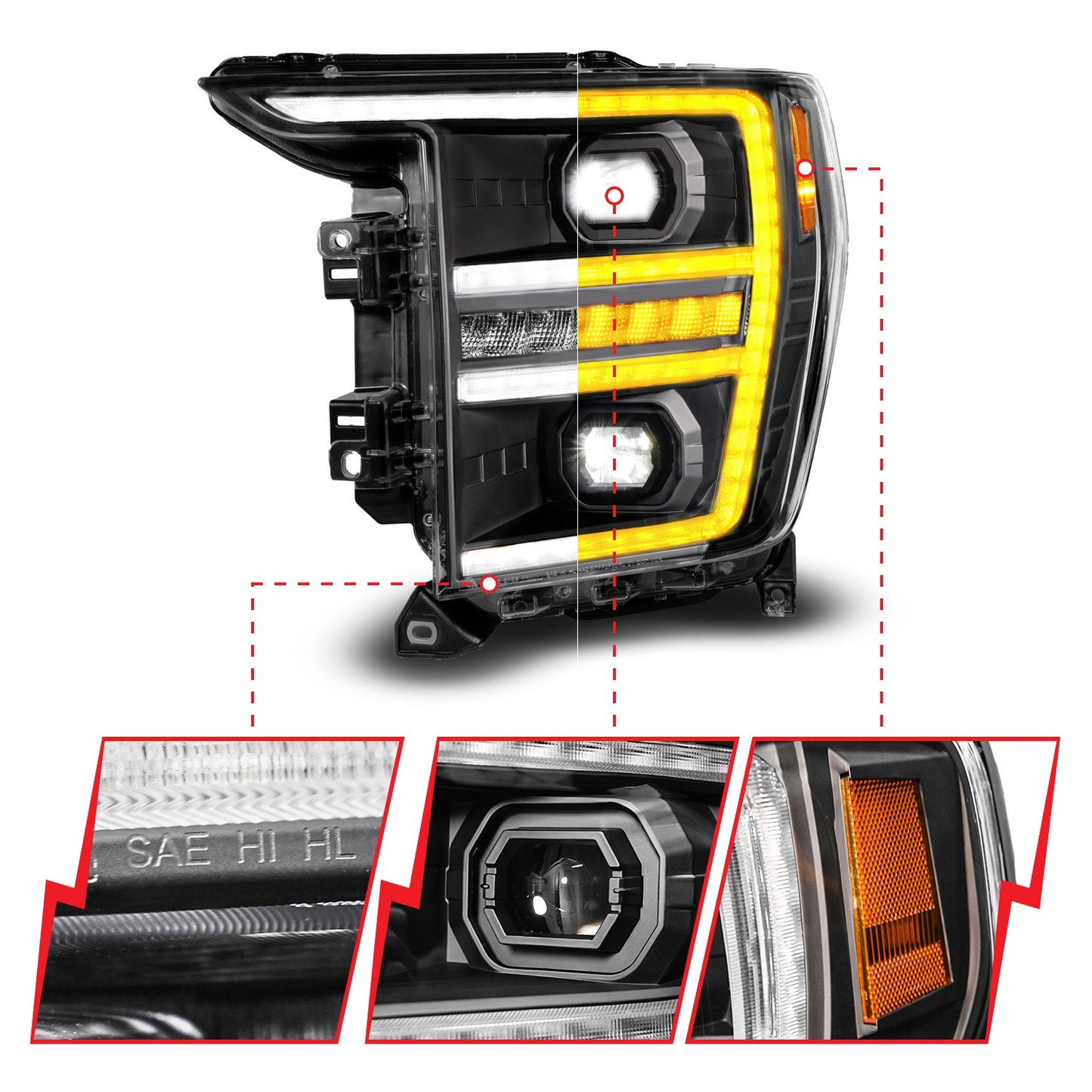ANZO USA LED Projector Headlight w/Switchback+Sequential Black (Driver Side Only) for 21-23 Ford F150 (111594-L)