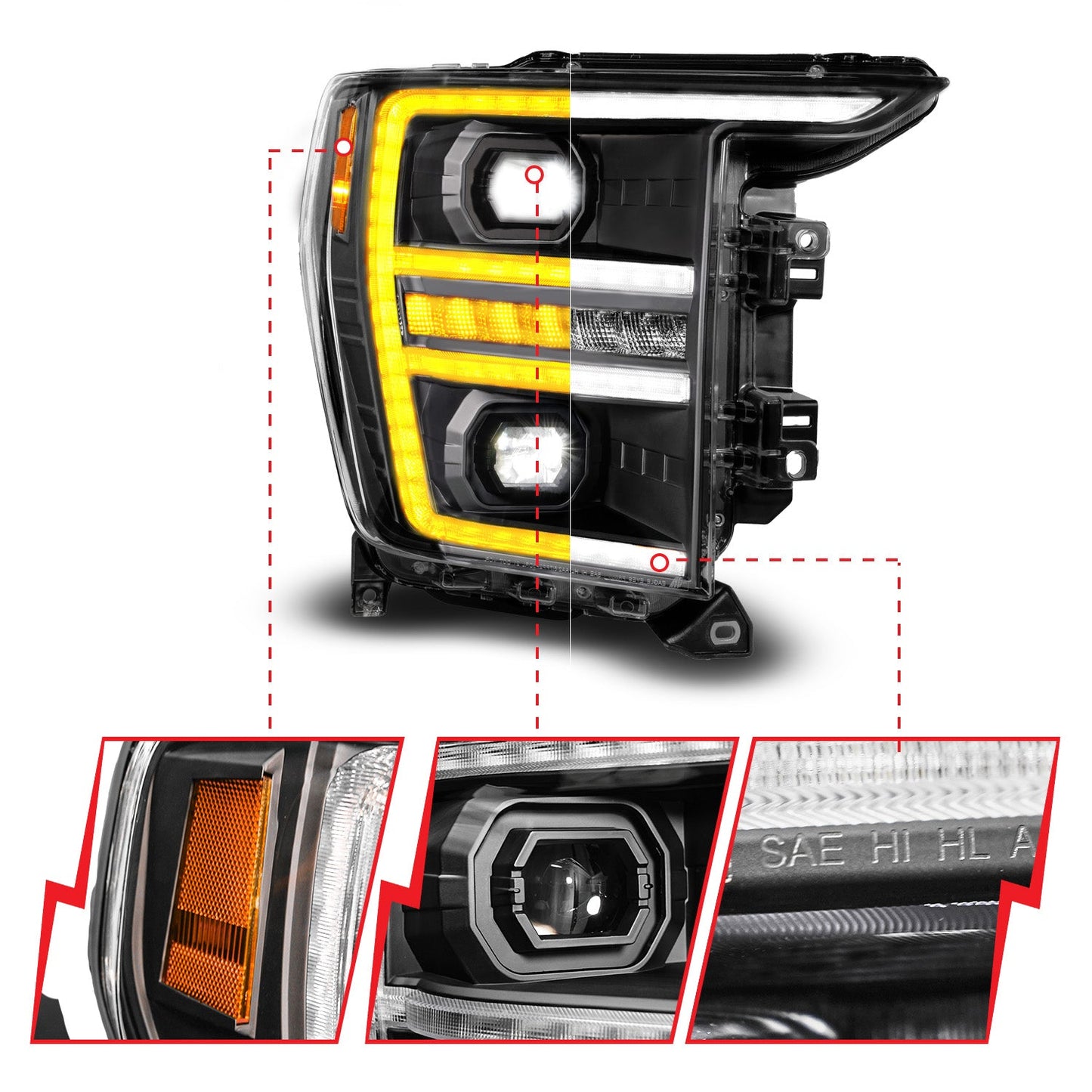 ANZO USA LED Projector Headlight w/Switchback+Sequential Black (Passenger Side Only) for 21-23 Ford F150 (111594-R)
