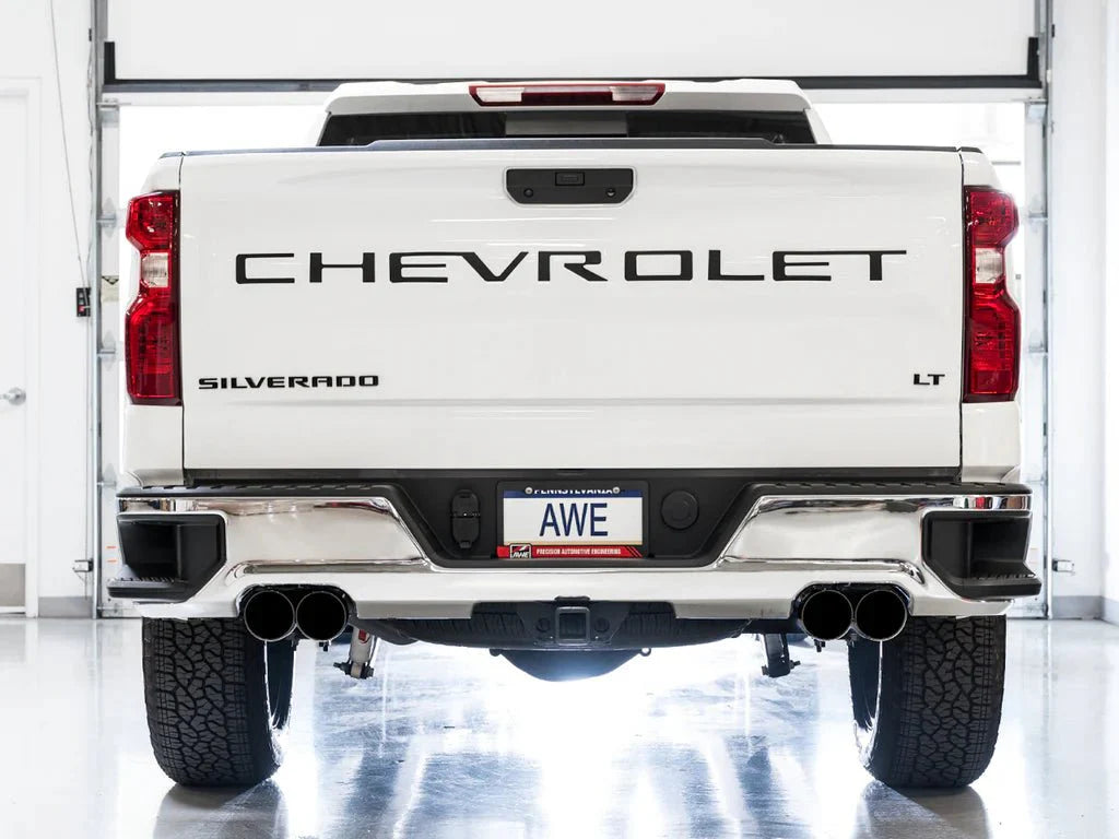 AWE 0FG Catback Split Rear Exit Exhaust (With Bumper Cutouts) w/ Diamond Black Tips 2019-2025 Chevrolet Silverado 1500 / 2019-2025 GMC Sierra 1500