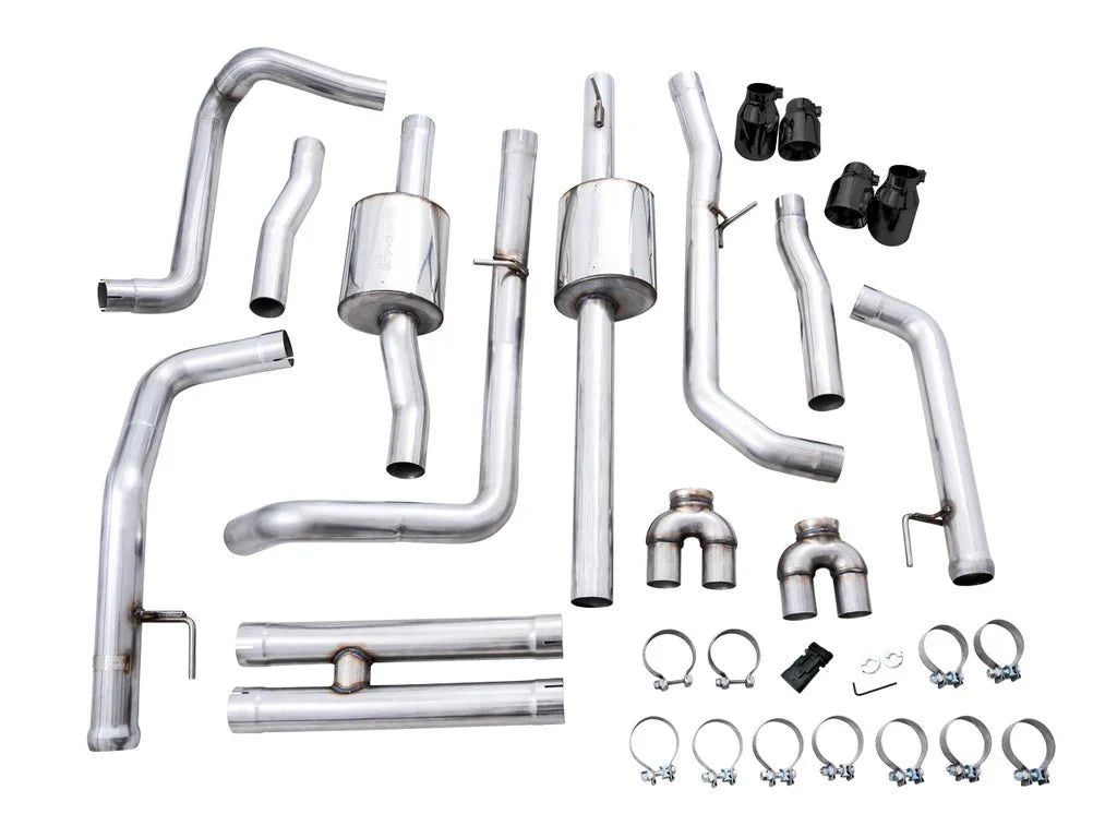 AWE 0FG Catback Split Rear Exit Exhaust (With Bumper Cutouts) w/ Diamond Black Tips 2019-2025 Chevrolet Silverado 1500 / 2019-2025 GMC Sierra 1500