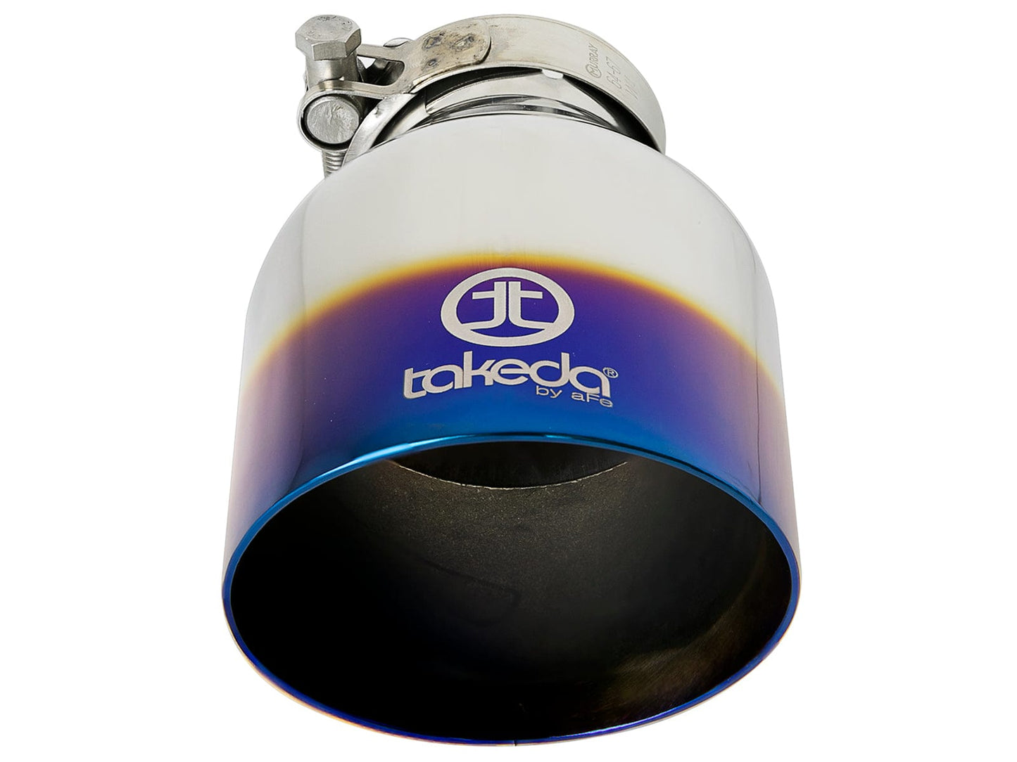 aFe Takeda 304 Stainless Steel Clamp-On Exhaust Tip 2.5in. Inlet / 4.5in. Outlet - Blue Flame