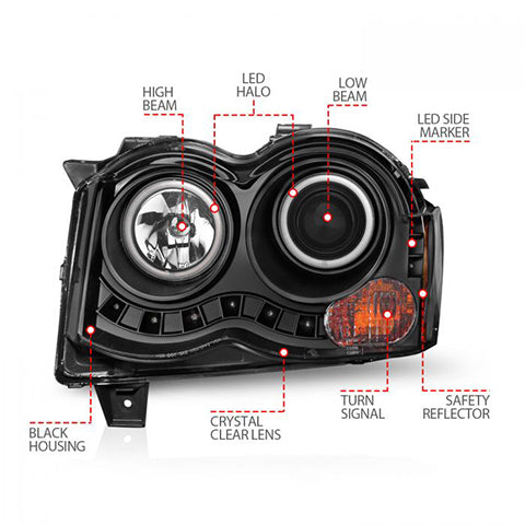 ANZO Black Projector Headlights w/ RX Halo | 2008-2010 Jeep Grand Cherokee (111213)