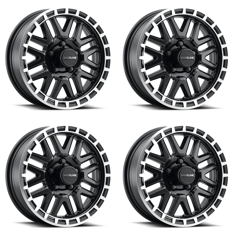 (set of 4) Raceline 953 Krank Black & Machined | 14x6" +0mm | 5x114.3mm Wheel