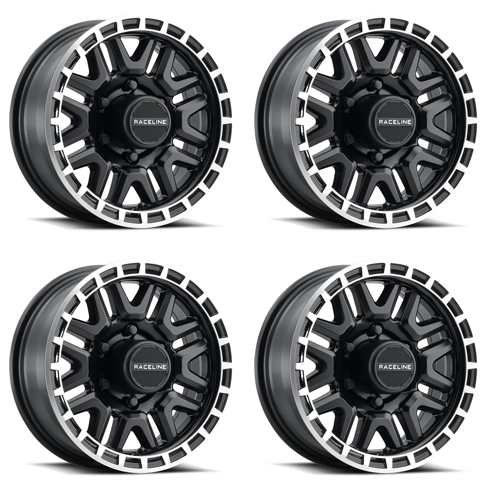 (set of 4) Raceline 953 Krank Black & Machined | 15x5" +0mm | 5x114.3mm Wheel