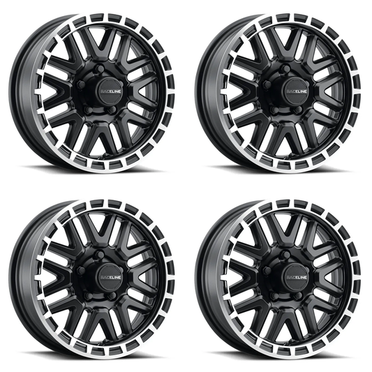 (set of 4) Raceline 953 Krank Black & Machined | 13x4.5 -0.125 | 5x114.3mm Wheel