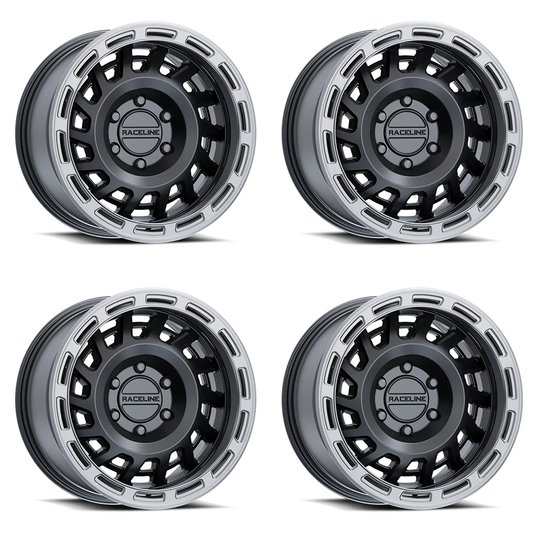 (set of 4) Raceline 957 Halo Black & Silver Lip | 17x8.5" +0mm | 6x135mm Wheel