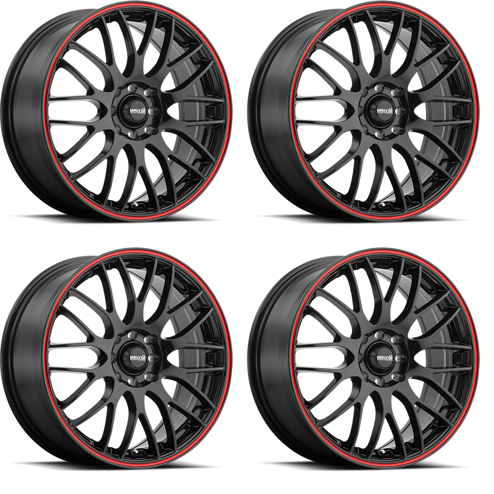 (set of 4) Konig Maxxim Maze Black/Red Stripe | 17x7" +40mm | 8x100/114.3mm Wheels