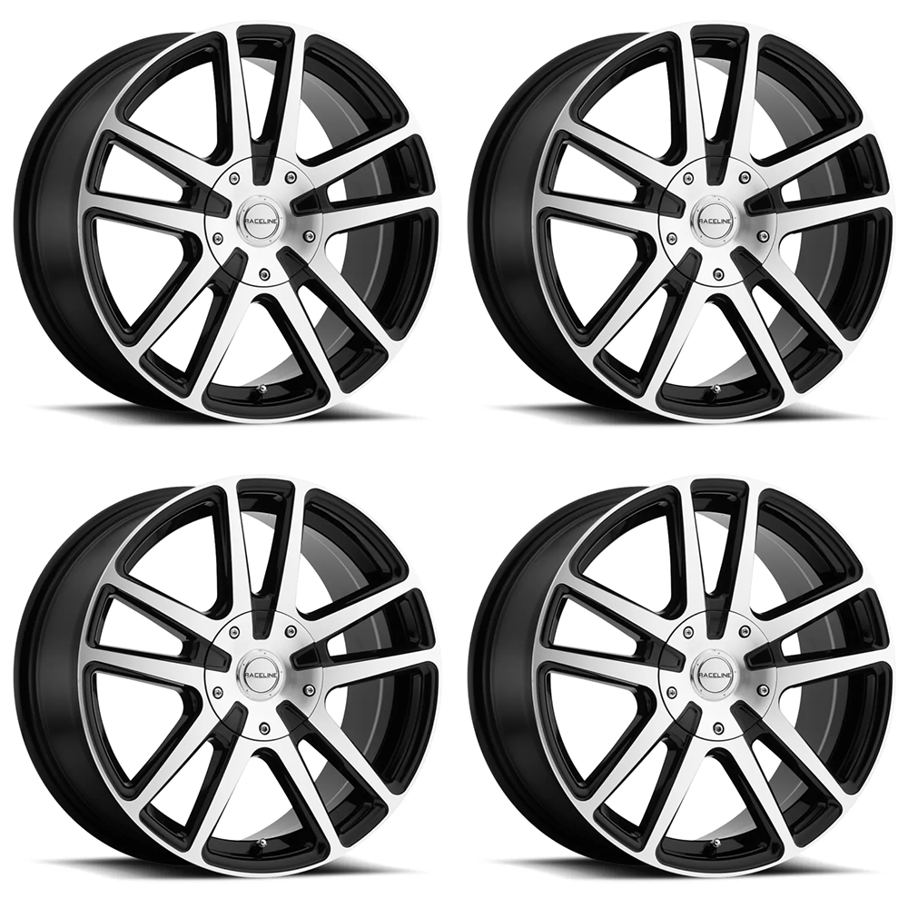 (set of 4) Raceline 145 Encore Black & Machined | 15x7" +40mm | 5x100/5x114.3mm Wheel