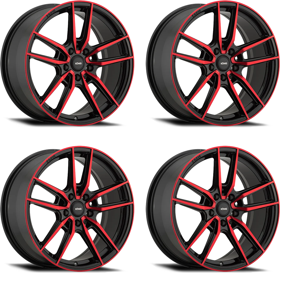 (set of 4) Konig Myth Gloss Black w/ Red Tinted Clearcoat | 17x8" +43mm | 5x100mm Wheels