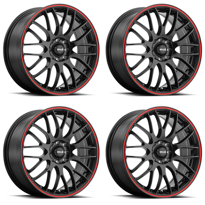 (set of 4) Konig Maxxim Maze Black/Red Stripe | 16x7" +40mm | 8x100/114.3mm Wheel