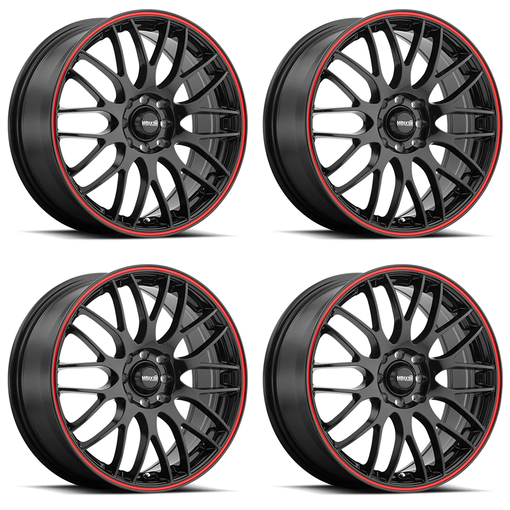 (set of 4) Konig Maxxim Maze Black/Red Stripe | 15x6.5" +38mm | 8x100/114.3mm Wheel