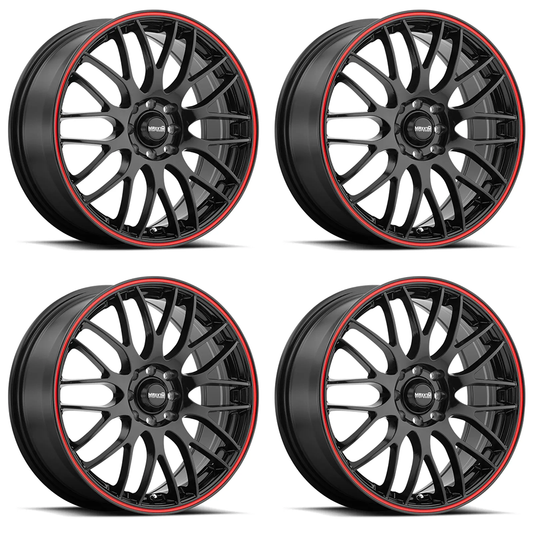 (set of 4) Konig Maxxim Maze Black/Red Stripe | 15x6.5" +38mm | 8x100/114.3mm Wheel