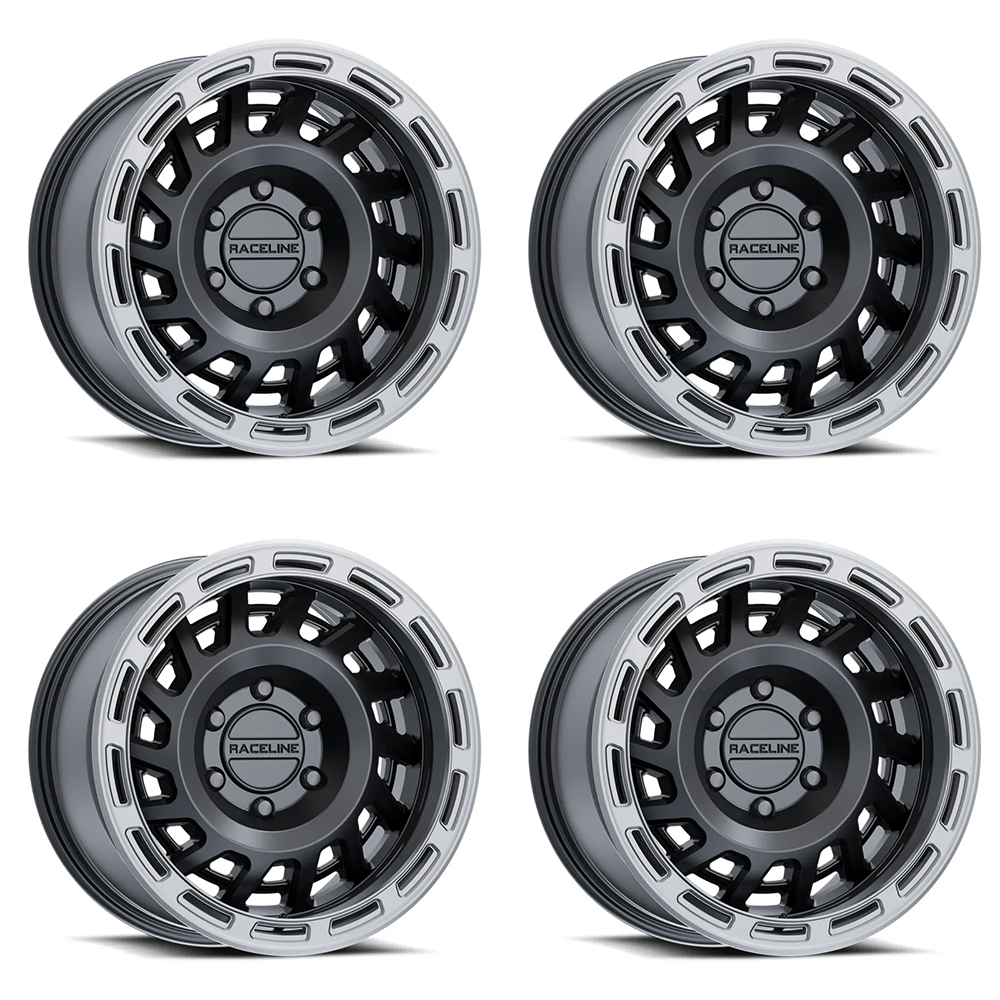 (set of 4) Raceline 957 Halo Black & Silver Lip | 17x9" -12mm | 6x135mm Wheel