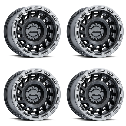 (set of 4) Raceline 957 Halo Black & Silver Lip | 17x9" -12mm | 6x135mm Wheel
