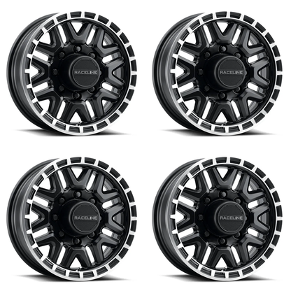 (set of 4) Raceline 953 Krank Black & Machined | 16x6" +0mm | 6x139.7mm Wheel