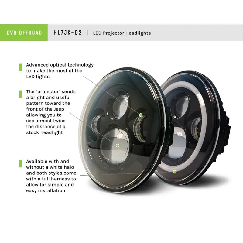DV8 Offroad 07-18 Jeep JK LED Projector Headlights w/ Halo | Jeep Wrangler (07-18) (HL7JK-02)