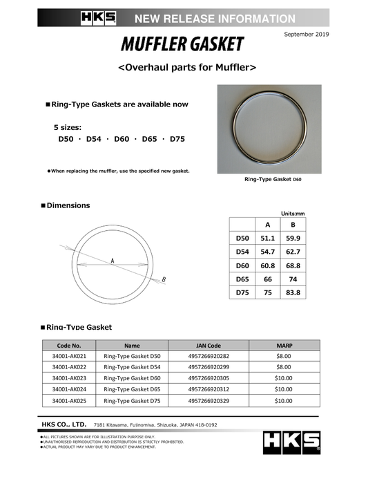 HKS Muffler Gasket 51.1mm ID 59.9mm OD-WheelFlip