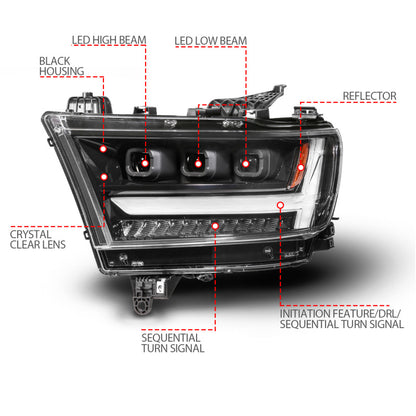ANZO Full LED Proj Headlight DRL/SeqSig Black Driver Side | RAM 1500 (19-24) (111628A-L)