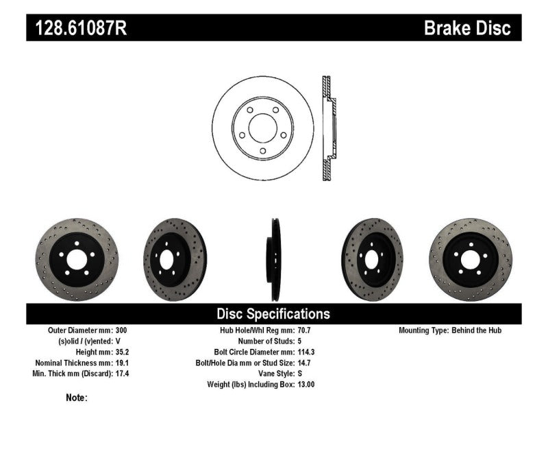 StopTech 128.61087R Sport Cross-Drilled Disc Brake Rotor for 05-14 Mustang