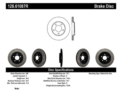 StopTech 128.61087R Sport Cross-Drilled Disc Brake Rotor for 05-14 Mustang
