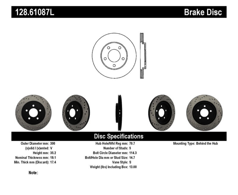 StopTech 128.61087L Sport Cross-Drilled Disc Brake Rotor for 05-14 Mustang
