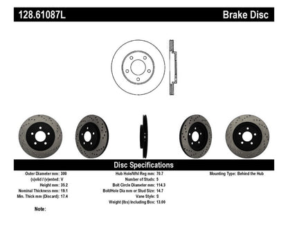 StopTech 128.61087L Sport Cross-Drilled Disc Brake Rotor for 05-14 Mustang