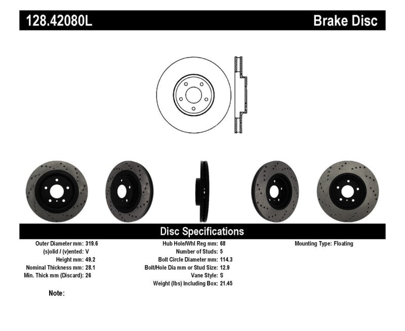 Stoptech 128.42080L Sport Cross-Drilled Disc Brake Rotors For Nissan Altima