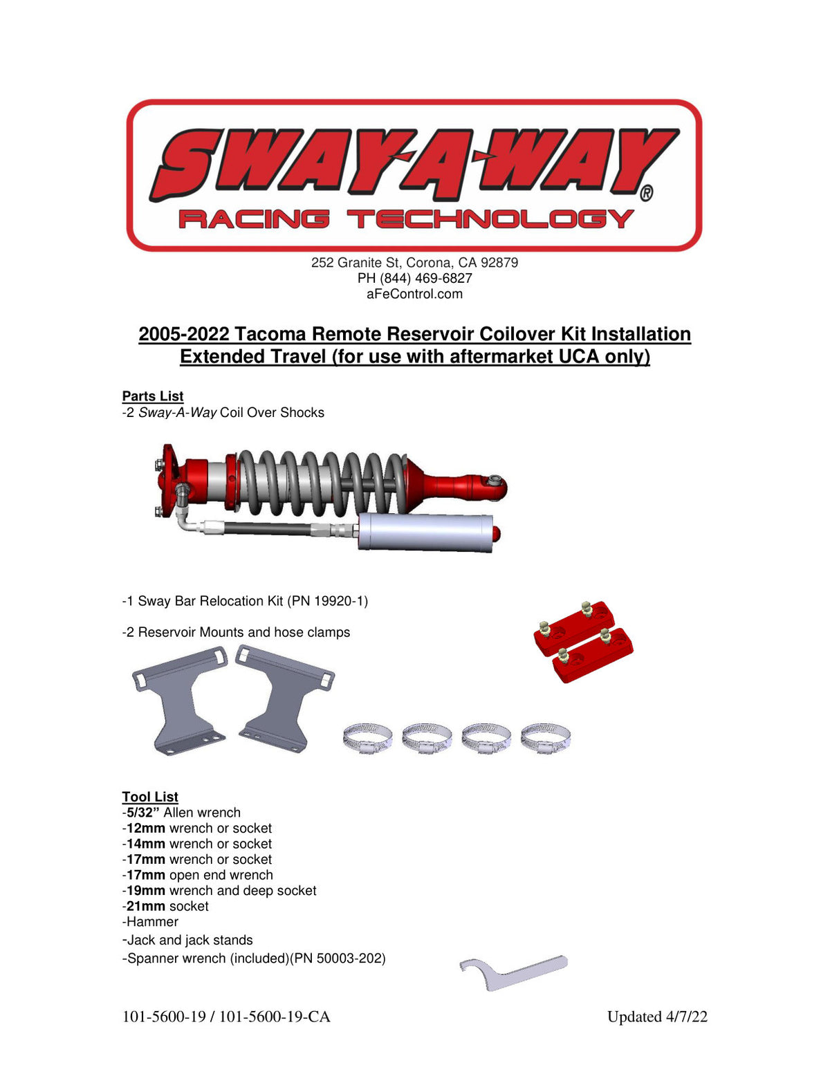 aFe Sway-A-Way 2.5in Front Coilover w/ Remote Reservoirs | Toyota Tacoma (05-22) / 4Runner V6 (03-09) (101-5600-19)