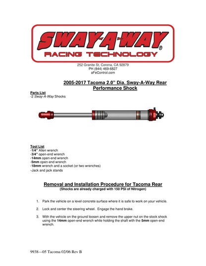 aFe 2.0in Rear Shock Kit | Toyota Tacoma (05-17) (102-0052-01)