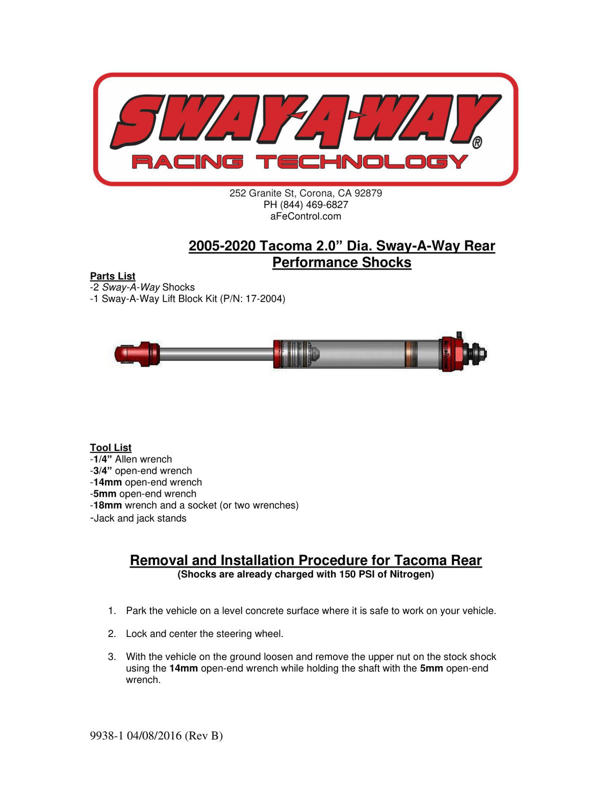 aFe 2.0in Rear Shock Kit w/ 1in Lift Blocks | Toyota Tacoma (05-17) (102-0052-02)