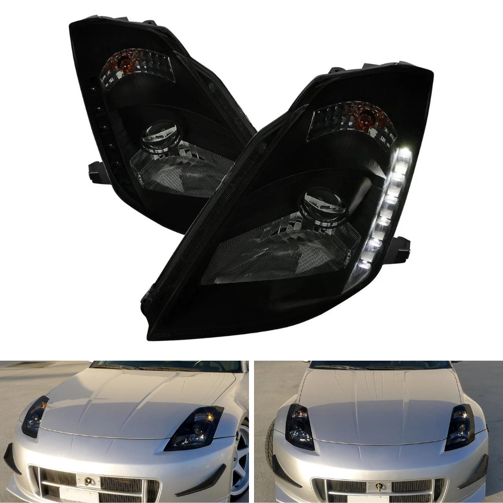 Spec-D Gloss Black Smoked Projector Headlights w/ SMD LED Strip | Nissan 350Z (03-05) (LHP-350Z03SM-RS)