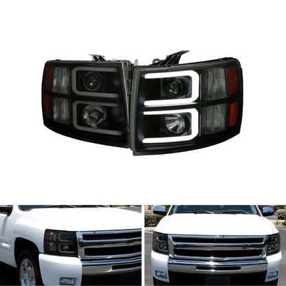 Spec-D Dual LED C-Bar Projector Headlights, Black/Smoked | Chevrolet Silverado 1500 (07-13) / 2500HD/3500HD (07-14) (2LHP-SIV07SM-RS)