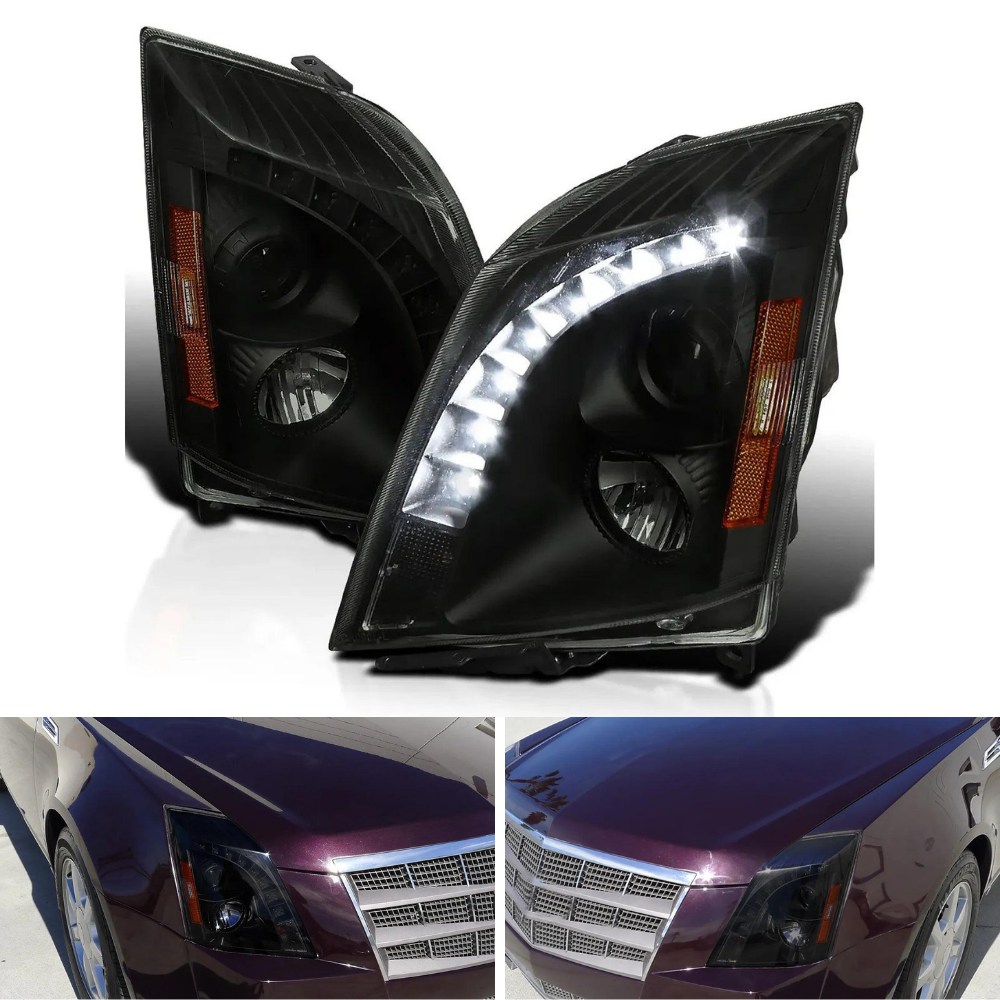 Spec-D SMD LED Strip Projector Headlights, Black/Smoked | Cadillac CTS (08-14) (2LHP-CTS08SM-RS)