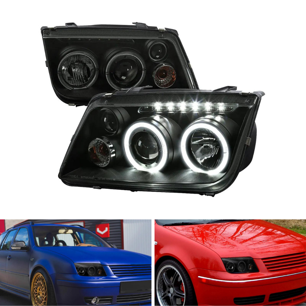Spec-D Dual Halo Projector Headlights, LED Strip, Black/Smoked | Volkswagen Jetta/Bora Mk4 (99-05) (LHP-JET99SM-RS)