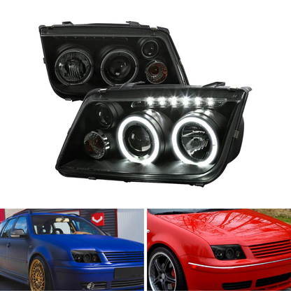 Spec-D Dual Halo Projector Headlights, LED Strip, Black/Smoked | Volkswagen Jetta/Bora Mk4 (99-05) (LHP-JET99SM-RS)