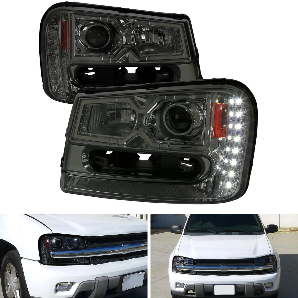 Spec-D Projector Headlights, LED Strip, Chrome/Smoked | Chevrolet Trailblazer (02-09) (2LHP-TBLZ02G-V2-RS)