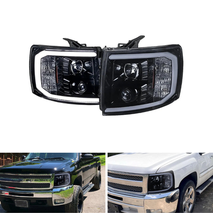 Spec-D LED C-Bar Projector Headlights, Glossy Black/Smoked | Chevrolet Silverado 1500 (07-13) / 2500HD/3500HD (07-14) (2LHP-SIV07G-G2-TM)