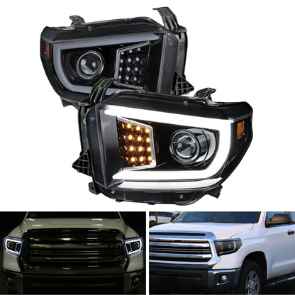 Spec-D LED C-Bar Projector Headlights, Sequential Signals, Glossy Black/Smoked | Toyota Tundra (14-21) (2LHP-TUN14G-SQ-TM)
