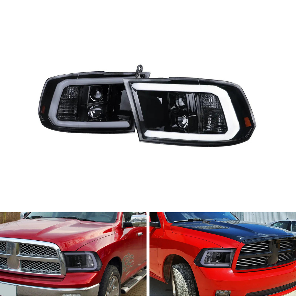 Spec-D LED C-Bar Projector Headlights, Glossy Black/Smoked | Dodge RAM 1500 (09-18) / 2500/3500 (10-18) / RAM 1500 Classic (19-24) (2LHP-RAM09G-G2-TM)