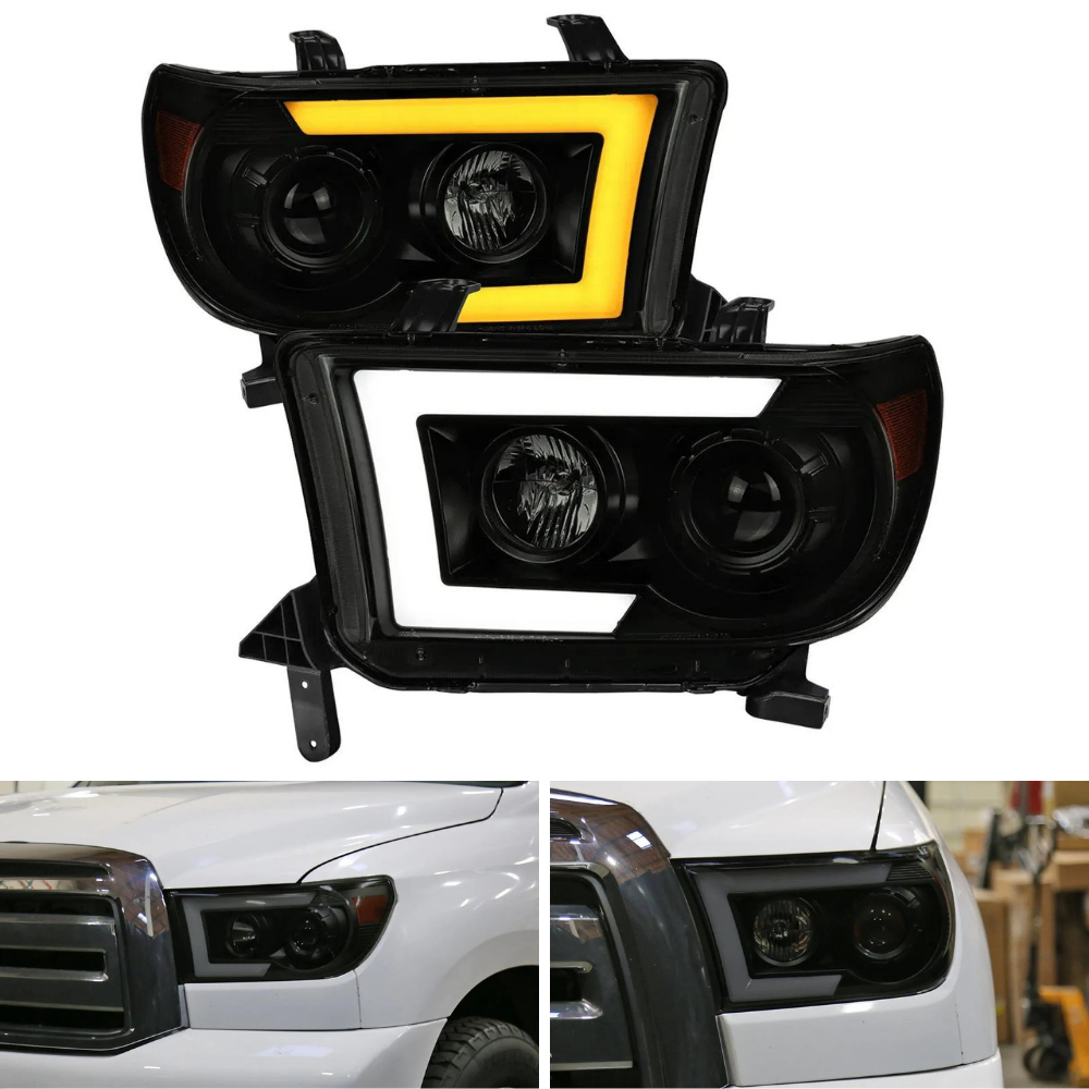 Spec-D Sequential LED C-Bar Projector Headlights, Black/Smoked | Toyota Tundra (07-13) / Sequoia (08-17) (2LHP-TUN07SM-SQ-RS)
