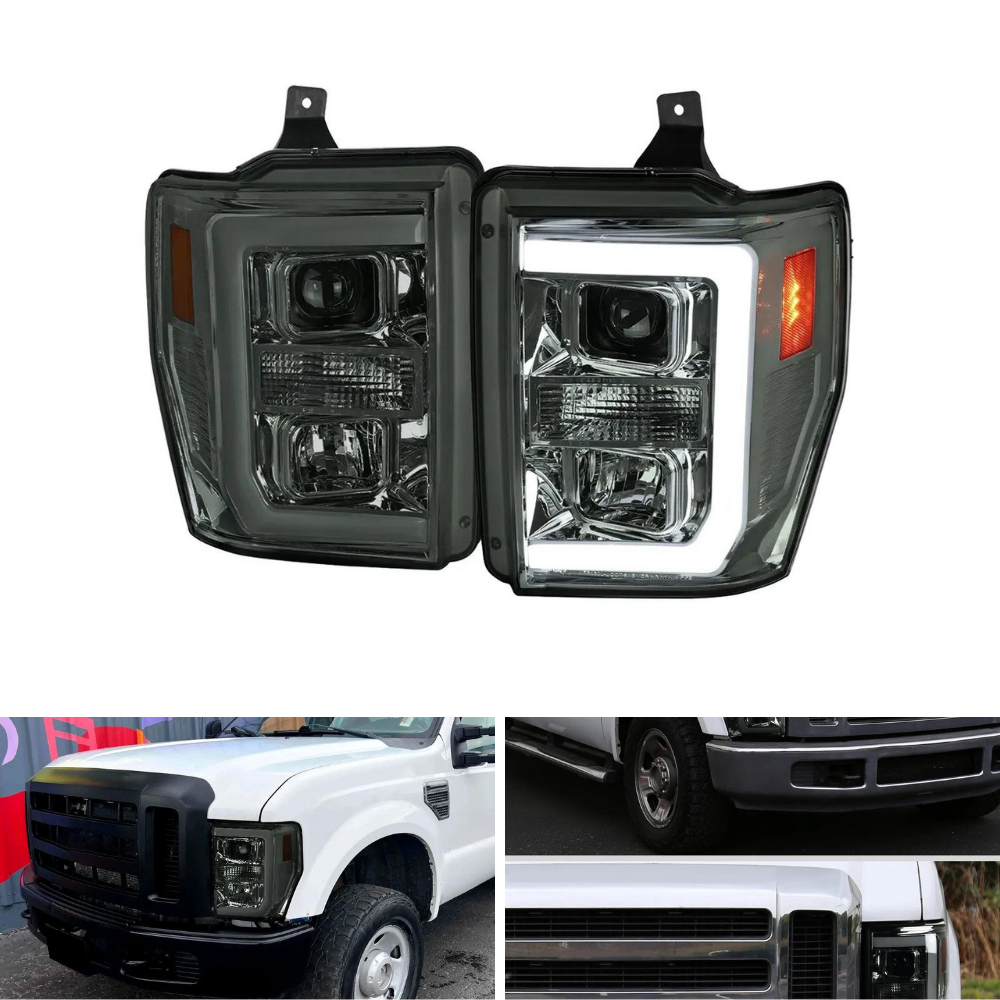 Spec-D LED C-Bar Projector Headlights, Chrome/Smoked | Ford F-250/F-350/F-450 Super Duty (08-10) (2LHP-F25008G-RS)
