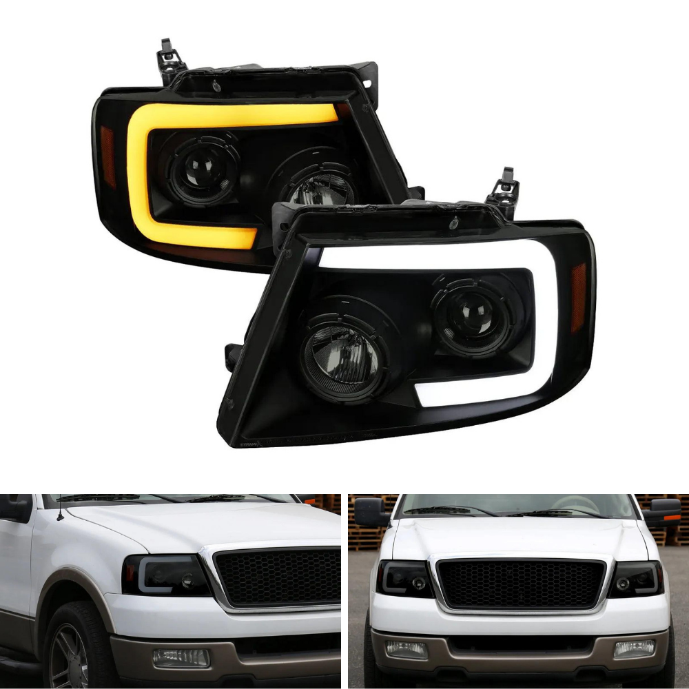 Spec-D Switchback Sequential LED C-Bar Projector Headlights, Black/Smoked | Ford F-150 (04-08) / Lincoln Mark LT (06-08) (2LHP-F15004SM-SQ-RS)