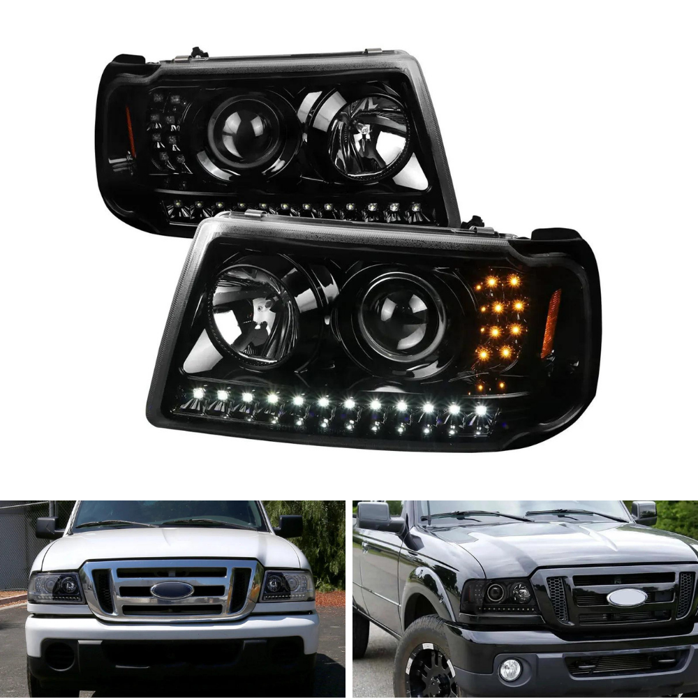Spec-D Jet Black/Clear Projector Headlights w/ LED Strip & Turn Signals | Ford Ranger (01-11) (2LHP-RAN01BK-TM)