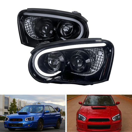 Spec-D Gloss Black/Smoked Projector Headlights w/LED Bar | Subaru Impreza (04-05) (2LHP-WRX05G-G2-TM)