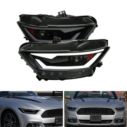 Spec-D LED Bar Xenon HID Projector Headlights, Black/Smoked | Ford Mustang (15-17) / Mustang Shelby (17-22) (2LHP-MST15SM-RS)
