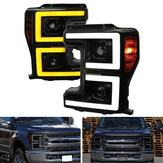 Spec-D LED C-Bar Projector Headlights, Gloss Black/Smoked | Ford F-250/F-350/F-450/F-550 (17-19) (2LHP-F25017SM-SQ-RS)