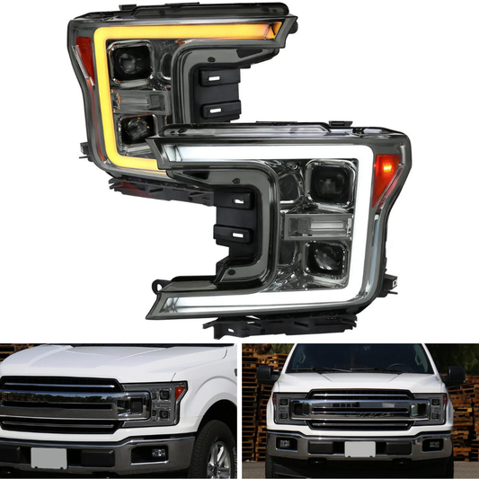 Spec-D LED C-Bar Projector Headlights, Chrome/Smoked | Ford F-150 (18-20) (2LHP-F15018G-SQ-RS)