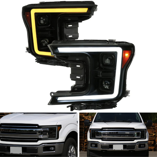 Spec-D LED C-Bar Projector Headlights, Matte Black/Smoked | Ford F-150 (18-20) (2LHP-F15018SM-SQ-RS)