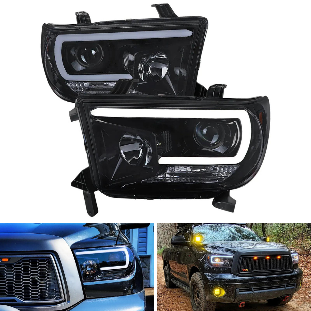Spec-D LED C-Bar Projector Headlights, Glossy Black/Smoked | Toyota Tundra (07-13) / Sequoia (08-17) (2LHP-TUN07G-G2-TM)