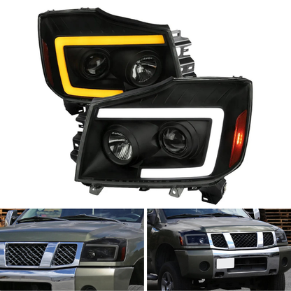 Spec-D LED C-Bar Projector Headlights, Sequential Signals, Black/Smoked | Nissan Titan (04-15) / Armada (04-07) (2LHP-TIT04SM-SQ-RS)
